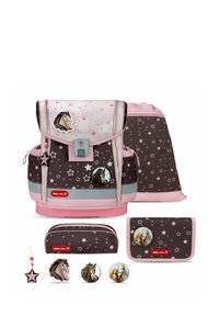 Zaino in rosa e marrone con motivi a stelle, motivi di cavallo, molteplici compartimenti e accessori coordinati: astuccio, portafoglio e portachiavi.
