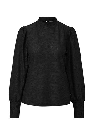 Black blouse with a high collar, textured fabric, long puffed sleeves, and a keyhole back closure. Subtle pattern throughout.