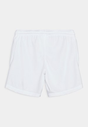 Shorts de sport blancs avec une taille élastique, texture lisse, et sans motifs ni accents visibles. Coupés au-dessus de la mi-cuisse.