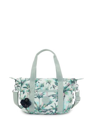 Light blue handbag with palm leaf pattern, fabric material, dual handles, removable strap, zippered pocket, and attached furry pom-pom charm.