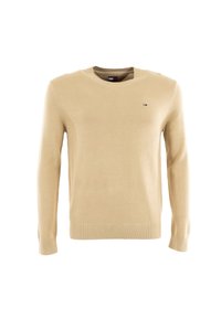 Maglione beige a maglia con collo tondo e polsini a costine. Presenta un piccolo logo del marchio sul petto e una superficie liscia.