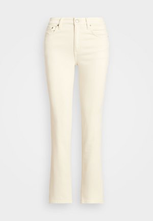 Μπεζ φαρδιά τζιν φτιαγμένα από ύφασμα μίξης βαμβακιού, με πέντε τσέπες και φερμουάρ με κουμπί. Λείο υλικό.