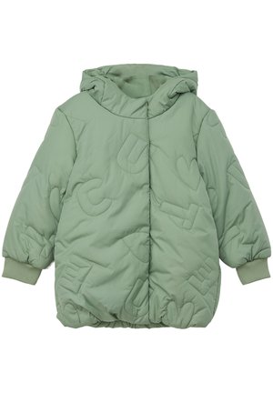 Veste matelassée à capuche vert clair avec lettres de l’alphabet cousues et poignets élastiques aux manches et à l’ourlet.
