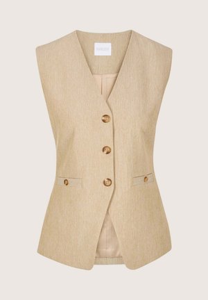 Beige sleeveless tailored vest with three front buttons, two side buttoned pockets, and a V-neck collar.