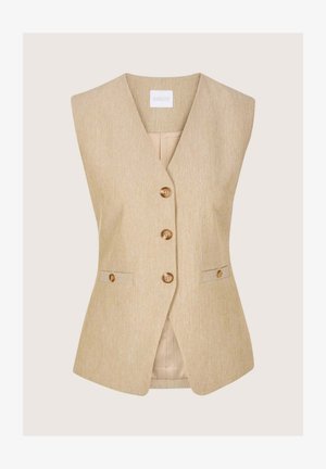 Beige sleeveless tailored vest with three front buttons, two side buttoned pockets, and a V-neck collar.