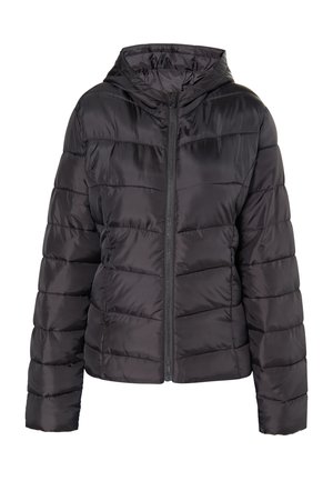 Zwarte pufferjack met ritsopening, capuchon en gestikte design. Heeft een gladde, glanzende buitenkant en elastische manchetten. Lichtgewicht isolatie.