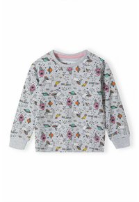 Sweatshirt gris à manches longues, orné d'un imprimé coloré de fusées, licornes et étoiles. Tissu doux avec des poignets et un col côtelés.