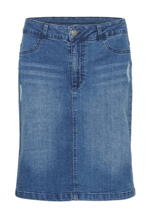 Gonna di denim di un blu medio con taglio dritto, design a cinque tasche e lievi dettagli di scolorimento sul davanti. Chiusura con bottone in vita.