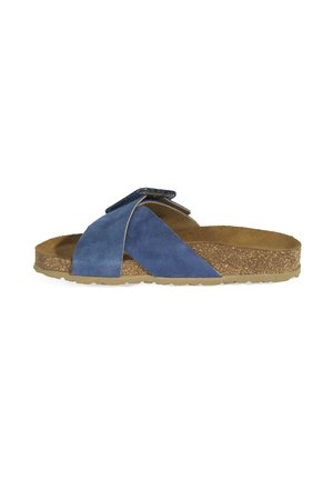 Blaue Wildleder-Sandale mit Korksohle, ausgestattet mit Kreuzriemen und einer strukturierten Oberfläche im Obermaterial. Verstellbarer Riemen für eine optimale Passform.