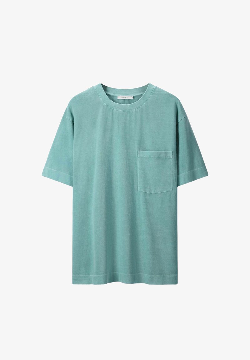 Minzgrünes T-Shirt mit kurzen Ärmeln aus weichem Baumwollstoff. Verfügt über einen Rundhalsausschnitt und eine linke Brusttasche mit geradem Saum.