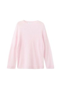 Ljusrosa långärmad crewneck-tröja med en mjuk, fluffig textur och ribbade ärmslut och nederkant, uppvisad mot en vit bakgrund.