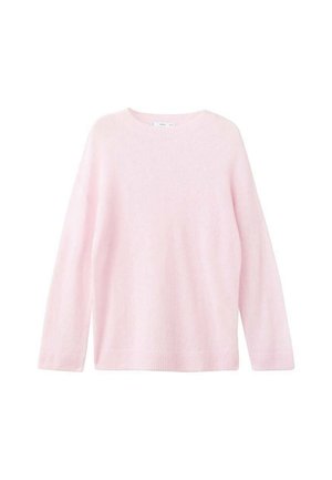Un pull-over à manches longues de couleur rose clair avec une texture douce et duveteuse, et des poignets et un ourlet côtelés, présenté sur un fond blanc.