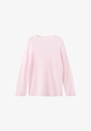 Svijetloružasti pulover dugih rukava s okruglim izrezom, mekane i pahuljaste teksture, s rebrastim manžetama i donjim rubom, prikazan na bijeloj pozadini.