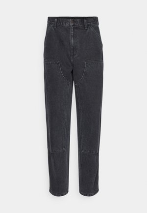 Black denim jeans with a high waist, straight-leg cut, and large front pockets. Features contrasting stitching and no visible logos.