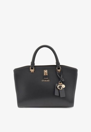 Schwarze Lederhandtasche mit strukturiertem Design, goldenen Beschlägen, oberen Griffen und Logodetails. Verfügt über ein Anhängeretikett und einen Klappverschluss.