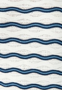 Gebreide stof met afwisselende golvende strepen in marineblauw, lichtblauw en wit, met een open, gestructureerde weving voor ademend vermogen.