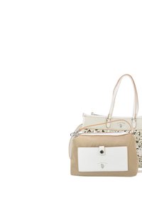 Borsa tote bianca e beige con doppi manici, design intagliato intricato e una pochette beige rimovibile con chiusura a scatto.