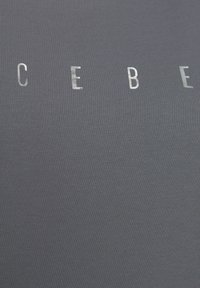 Graues geripptes Gewebe mit eingeprägten Buchstaben, die "CEBE" buchstabieren, mit einer glatten Textur und einem subtilen Schimmer auf den Buchstaben.