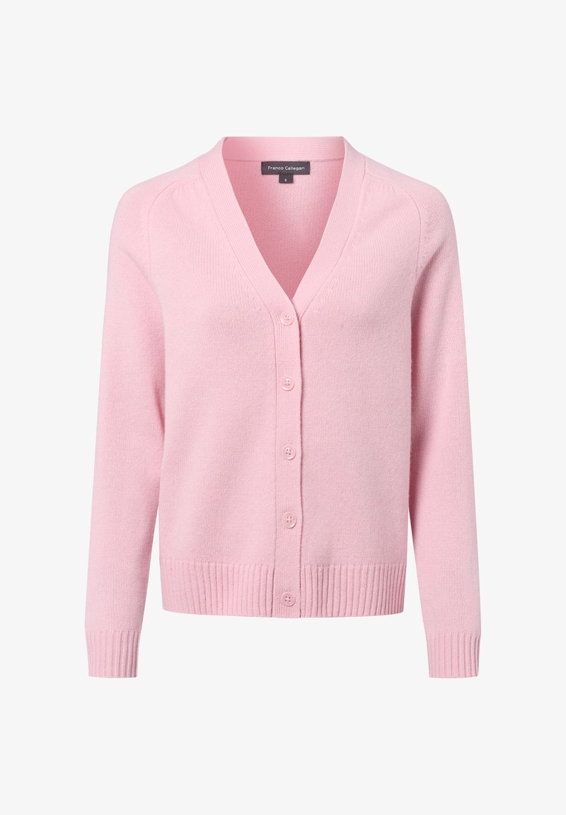 Helle rosa Strickjacke mit V-Ausschnitt, Knopfverschluss, geripptem Saum und Bündchen. Weiches Strickmaterial mit klassischer Passform und regulärer Länge.