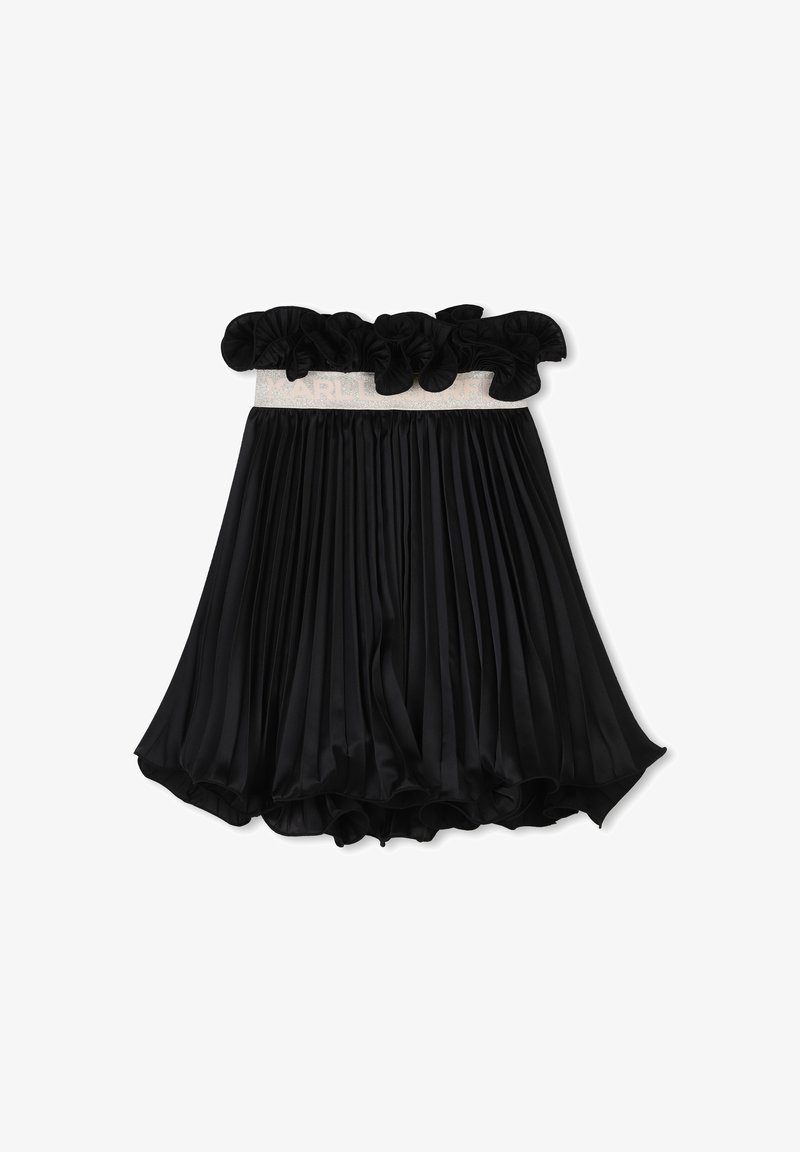 Jupe plissée noire avec une taille froncée noire et des détails brodés de couleur crème. Tissu lisse avec un design fluide.