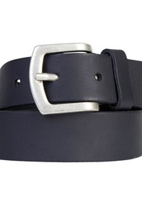 Cinturón de cuero azul marino con hebilla de metal plateado. Presenta una textura suave y varios agujeros de ajuste para el tamaño.
