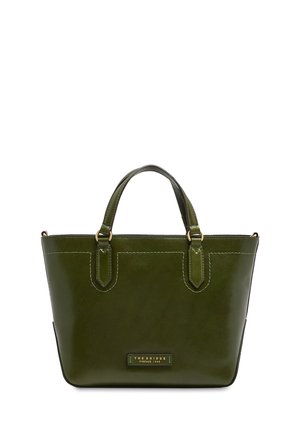 Borsa a mano in pelle verde scuro con due manici e dettagli dorati, con targhetta con logo "The Bridge Firenze 1969" sul davanti.