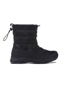 Schwarzer isolierter Winterstiefel mit einem weichen, gepolsterten Nylon-Obermaterial, einem elastischen Schnürsystem und einer strapazierfähigen Gummisohle für Halt.
