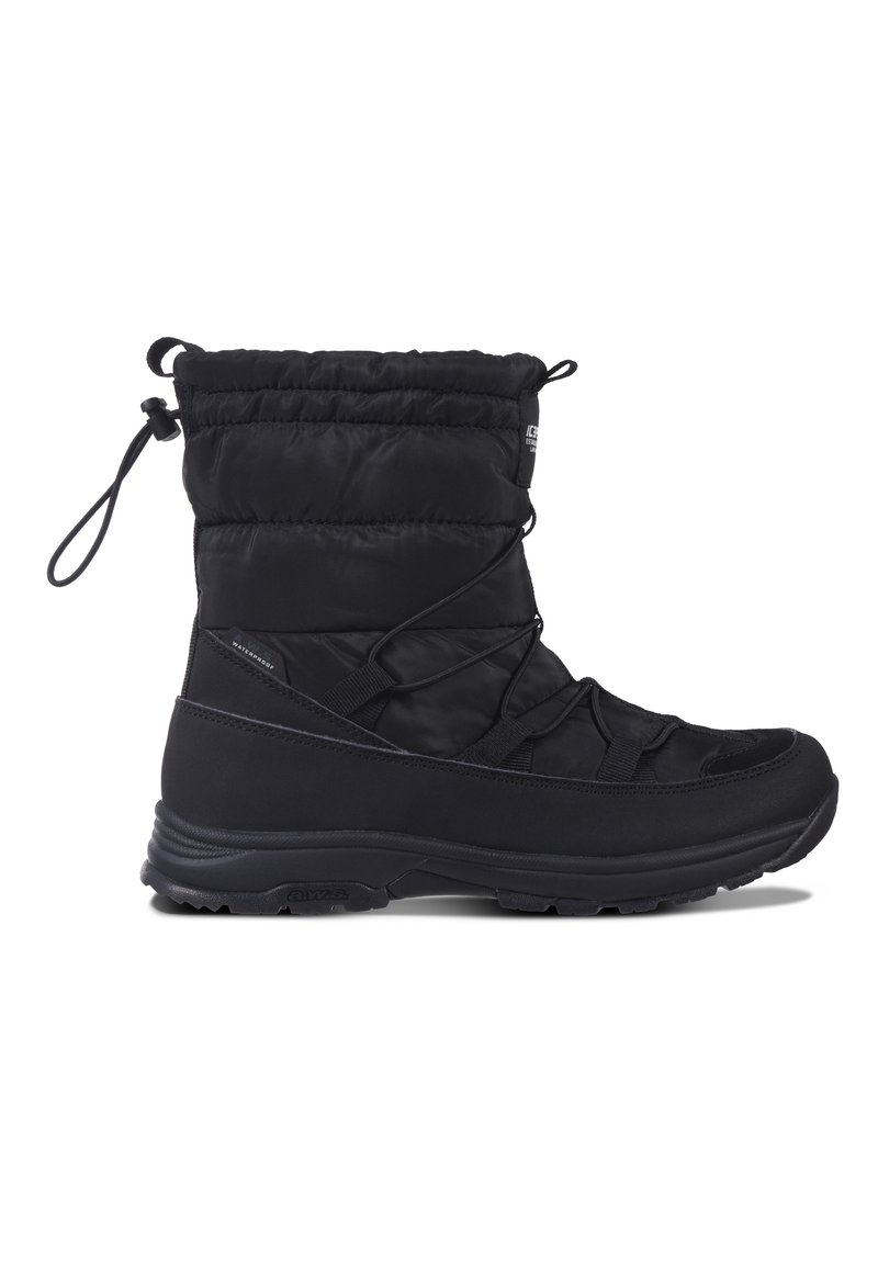 Schwarzer isolierter Winterstiefel mit einem weichen, gepolsterten Nylon-Obermaterial, einem elastischen Schnürsystem und einer strapazierfähigen Gummisohle für Halt.