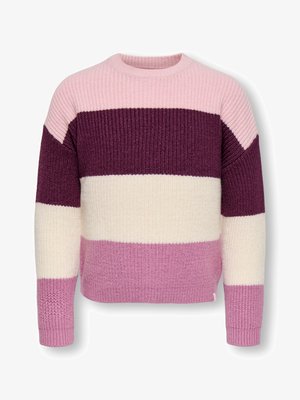 Pull en tricot avec des rayures horizontales roses, blanches et bordeaux. Col et poignets côtelés, avec une finition texturée. Coupe décontractée.
