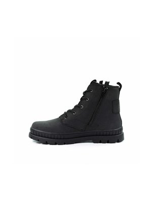 Bottines noires à la cheville avec une tige en synthétique lisse, un laçage sur le devant, une fermeture éclair sur le côté, un col rembourré et une semelle en caoutchouc texturé avec des rainures.