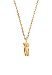 Collier plaqué or avec une chaîne texturée et un pendentif en forme de figure humaine stylisée, lisse avec de subtils détails.