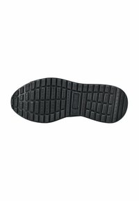 Black rubber shoe sole with a textured, patterned tread featuring rectangular and circular grips for traction. Flat, rounded toe design.
