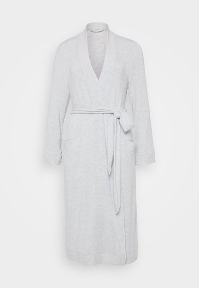 Light gray bathrobe made of soft fabric, featuring a wrap design, long sleeves, adjustable tie waist, and two front pockets.