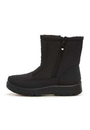 Bottines noires avec un design rembourré, fermeture éclair latérale, semelle en caoutchouc texturée et bout arrondi, confectionnées dans un matériau synthétique lisse.