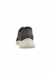 Dunkelgrauer Sportschuh mit einem glatten Wildleder-Obermaterial und einer strukturierten weißen Gummisohle, der ein minimalistisches Design aufweist und keine sichtbaren Beschläge hat.