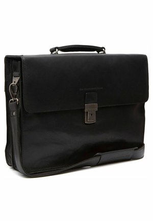Black leather briefcase with a top handle, silver hardware, flap closure, and an adjustable shoulder strap. Smooth texture with minimal branding.