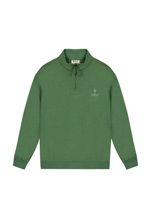 Green quarter-zip pullover sweater with long sleeves, ribbed cuffs and hem, and small embroidered tree logo with "FAGUO" text on the chest.