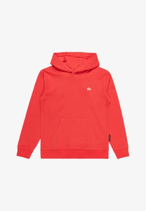 Rote Kapuzenjacke aus Baumwollmischgewebe, mit einer Kängurutasche, gerippten Bündchen und Saum sowie einem kleinen weißen Logo auf der Brust.