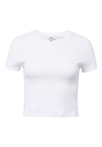 White cotton short-sleeve t-shirt with a round neckline, fitted style, and a smooth texture, featuring a printed brand label inside.