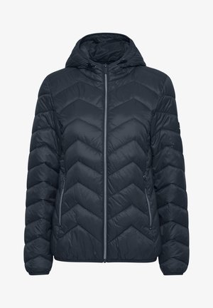 Giacca imbottita di un blu navy scuro con cappuccio, caratterizzata da un motivo a zigzag trapuntato, chiusura frontale con zip e tasche laterali. Materiale morbido e leggero.