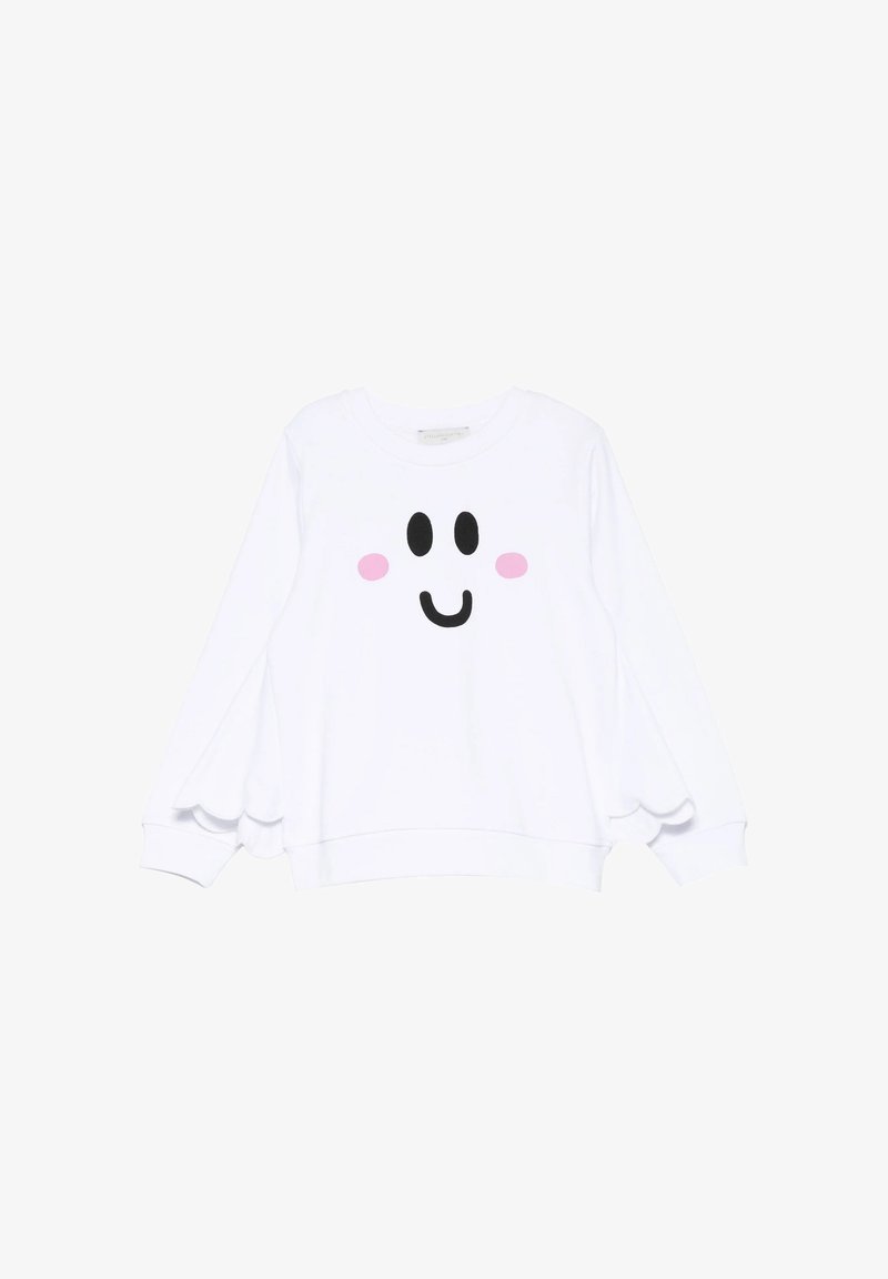 Sweatshirt blanc à manches longues avec des poignets à volants et un simple visage souriant noir, présentant deux yeux et des joues roses imprimés sur le devant.