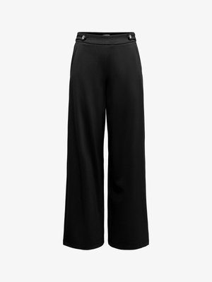 Svarte vide bukser laget av mykt stoff, med høy midje og to synlige knapper samt sidelommer. Jevn tekstur, uten mønster.