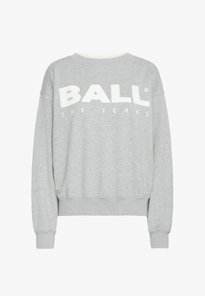 Sweat-shirt gris clair à col rond avec des manches longues, des poignets et un ourlet côtelés, arborant le texte blanc "BALL THE JEANS" sur la poitrine.