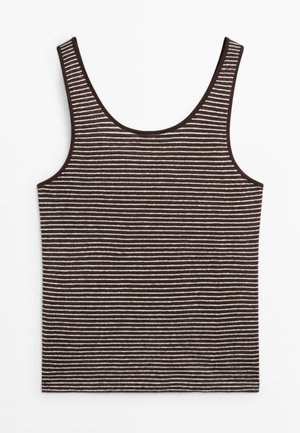 Hnědé tílko bez rukávů s tenkými bílými vodorovnými pruhy, výstřihem do kulata a rovným lemem.