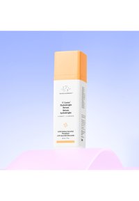Hydrating serum in a white container with an orange cap. Text includes product name and ingredients. Soft gradient background.