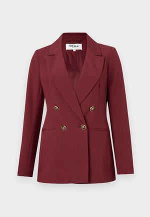 Bordeaux skreddersydd blazer med dobbeltradet design, skarpe lapels, to frontlommer og knapper i gulltone. Glatt stoffstruktur.