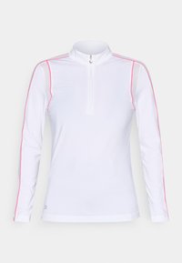 Valkoinen pitkähihaisen vetoketjullinen paita, jossa on vaaleanpunaiset yksityiskohdat ja verkkopaneelit olkapäillä. Sileä kangas, korkea kaulus ja hillitty logoyksityiskohta.