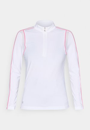 Biała koszula z długim rękawem i zamkiem błyskawicznym, z różowymi akcentami i panelami z siateczki na ramionach. Gładka tkanina z wysokim kołnierzem i subtelnym logo.