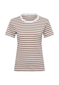 Brown and white striped short-sleeve t-shirt with a round neckline, made of soft fabric, casual fit, featuring evenly spaced horizontal stripes.