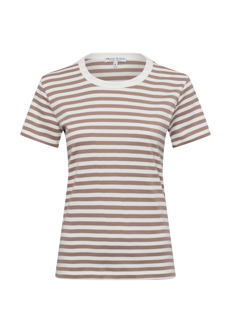 Brown and white striped short-sleeve t-shirt with a round neckline, made of soft fabric, casual fit, featuring evenly spaced horizontal stripes.